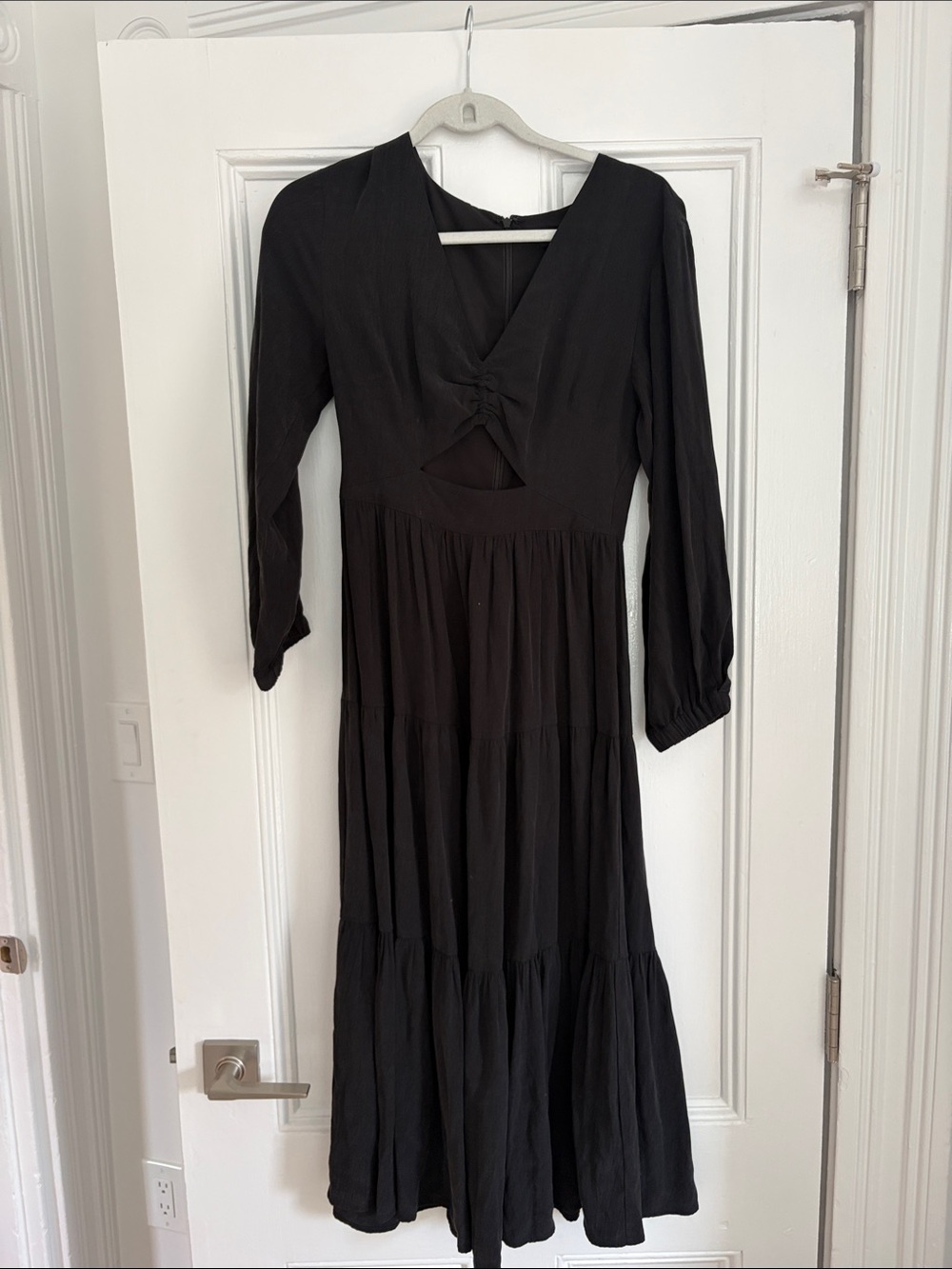 Madewell Black Tiered Long-Sleeve Midi Dress with Front Knot